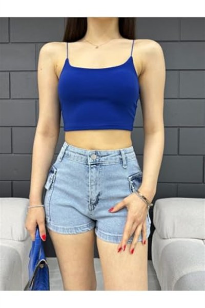 BİKELİFE Kadın Yüksek Bel Mini Kargo Cep Detaylı Denim Şort-1