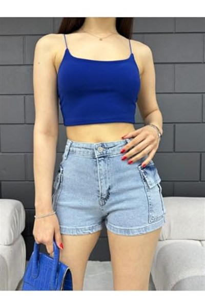 BİKELİFE Kadın Yüksek Bel Mini Kargo Cep Detaylı Denim Şort-1