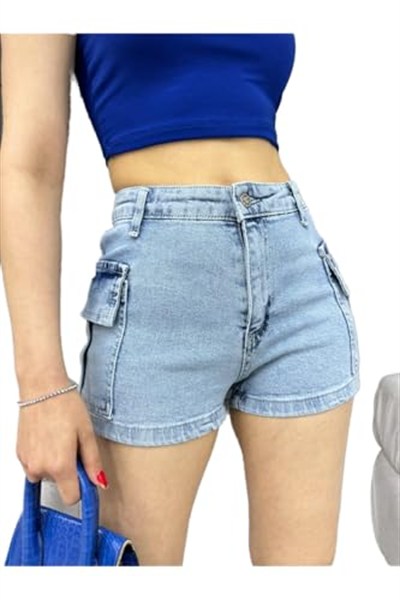 BİKELİFE Kadın Yüksek Bel Mini Kargo Cep Detaylı Denim Şort-1