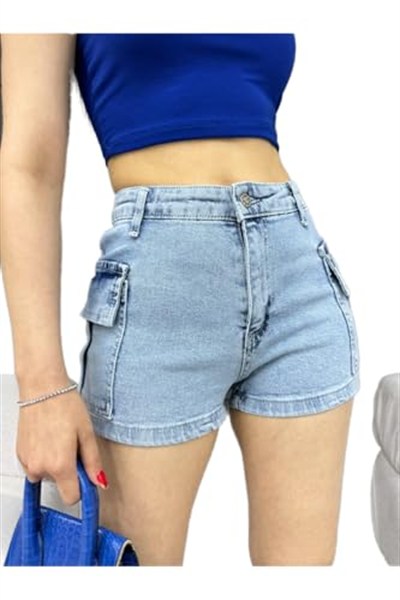 BİKELİFE Kadın Yüksek Bel Mini Kargo Cep Detaylı Denim Şort-1