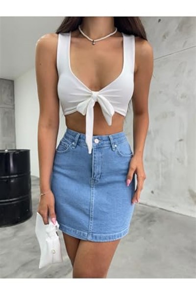 BİKELİFE Kadın Yüksek Bel Mini Kot Denim Etek-1