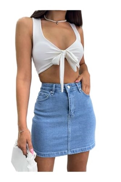 BİKELİFE Kadın Yüksek Bel Mini Kot Denim Etek-1