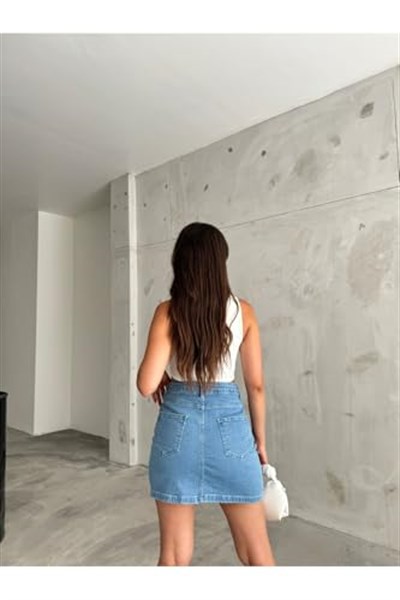 BİKELİFE Kadın Yüksek Bel Mini Kot Denim Etek-1