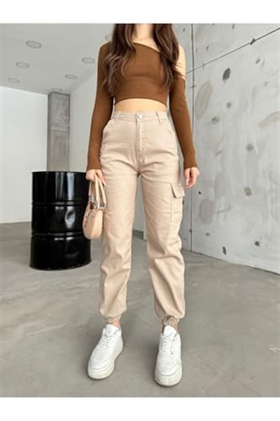 BİKELİFE Kahve Kargo Cepli Gabardin Kumaş Pantolon-1