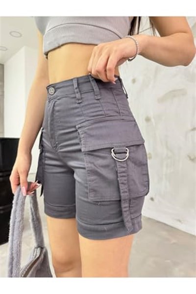 BİKELİFE Taş Kargo Cepli Yüksek Bel Esnek Denim Şort-1