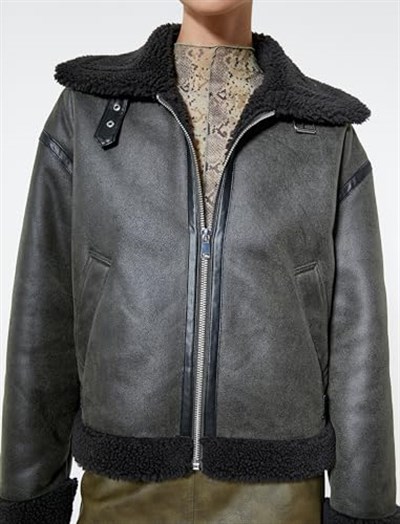 Biker Ceket Suni Deri Peluş Detaylı Fermuarlı Cepli