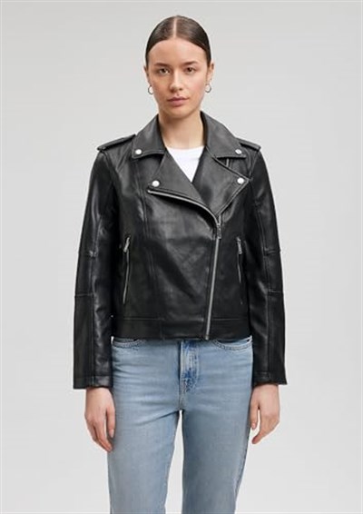 Biker Yaka Siya Suni Deri Ceket Fitted/Vücuda Oturan Kesim 1110221-900
