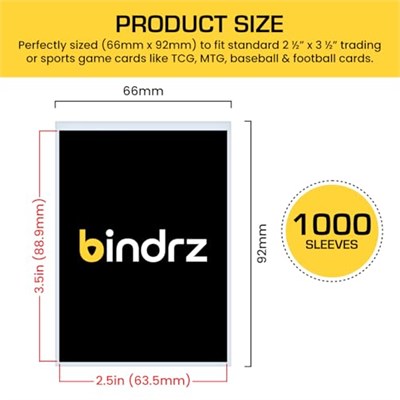 bindrz 1000 Ticaret Kartı Kılıfı - 45 Mikron Kalın - 66 x 92 mm | TCG MTG ve Spor Kartları için Yüksek Netlik Klasik Kuruş Kolları (1000 Kol)