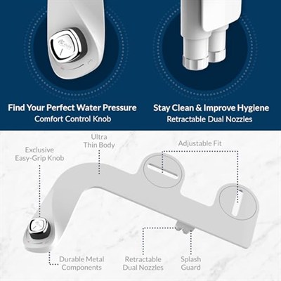 BioBidet SlimEdge Basit Bide Tuvalet Takımı, Beyaz, Çift Nozzle, Taze Su Sprey, Elektriksiz, Kolay Montaj