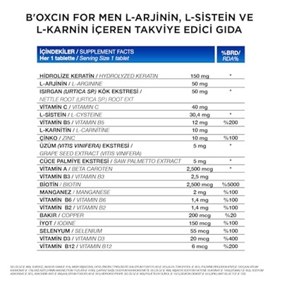 Bioxcin Men’s Hair Tablet – L-Arginin, Cüce Palmiye, L-Karnitin, Biotin ve Çinko İçeren Erkeklere Özel Saç, Cilt ve Tırnak Destek Tableti – 30 Tablet – Vegan