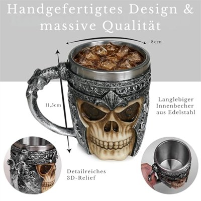 Birinci sınıf 3D kuru kafa fincan paslanmaz çelik kahve, çay, Cappuccino, bira gibi içecekler için I Viking Skull Head kupası iskelet kafatası tasarımlı görünüm (1)