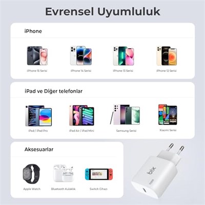 Bix BXCL20TA 20W PD Süper Hızlı Type-C Şarj Cihazı, Type-C’den Lightning’e Kablosuyla iPhone 17 serisi, iPhone 16 serisi, iPhone 15 serisi 14/14 Pro/14 Pro Max, iPad 9 ve Fazlasıyla Uyumlu