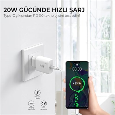 Bix BXCL20TA 20W PD Süper Hızlı Type-C Şarj Cihazı, Type-C’den Lightning’e Kablosuyla iPhone 17 serisi, iPhone 16 serisi, iPhone 15 serisi 14/14 Pro/14 Pro Max, iPad 9 ve Fazlasıyla Uyumlu