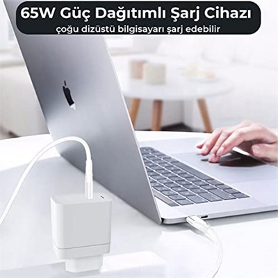 Bix BXUC65FTA 65W PD Typ-C Girişli Macbook Pro/Air Şarj Cihazı, MacBook Air/Pro 13/14/15/16 İnç Led Göstergeli ve Tüm Type-C Cihazlarıyla Uyumlu 2 Metre Type-C’den Type-C’ye Kablo