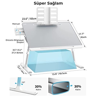 Bix SAIJI K7 Ultimate PVC Deri Çıkarılabilir Silikon Bölmeli Depolama Çekmeceli Ayarlanabilir Katlanır Dizüstü Yatak Masası, Laptop Çalışma Masası, Çıkarılabilir Kitaplık Gümüş