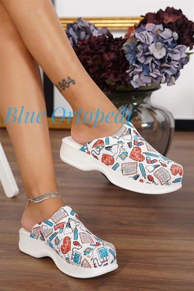 BLUE ORTHOPEDİC SABO TERLİK-Blue Ortopedi Beyaz Kalp Temalı Klasik Taban Ortopedik Sabo Terlik