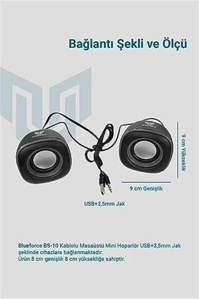 Blueforce BS-10 Kablolu USB Multimedya 6W 1+1 Speaker Mini Hoparlör Siyah Pc Laptop Uyumlu