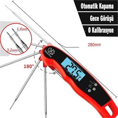 Bluefox Dijital Hızlı Okunan Mutfak Termometresi - Mıknatıslı, Katlanabilir, Arkadan Aydınlatmalı Ekran, 240° Dönebilen Prob, -50°C-300°C Aralığı