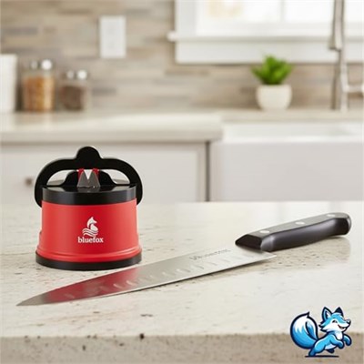 Bluefox Kırmızı PowerGripli Bıçak Bileyici - Vantuzlu Vakumlu, Serbest Ellerle Kullanılabilen Tungsten Carbide Bıçak Bileme Aleti