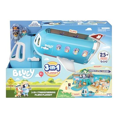 Bluey 3ü 1 Arada Dönüştüren Uçak Oyun Seti, Bir Uçaktan Bir Tatil Köyüne ve Tekneye Dönüşür! 27 inç/70 cm Genişliğinde Tatil Köyü Oyun Seti, 25ten Fazla Ses ve İfadeye Açılır