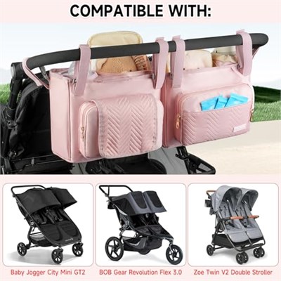 Bob Duallie ve Baby Jogger City Mini Gt2 ile Uyumlu Çift Arabalı Organizatör, Soğutucu Çanta ve Bardak Tutacağı ile Çift Arabası Caddy, Pembe