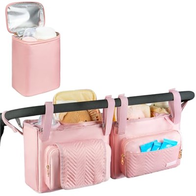 Bob Duallie ve Baby Jogger City Mini Gt2 ile Uyumlu Çift Arabalı Organizatör, Soğutucu Çanta ve Bardak Tutacağı ile Çift Arabası Caddy, Pembe