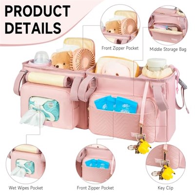 Bob Duallie ve Baby Jogger City Mini Gt2 ile Uyumlu Çift Arabalı Organizatör, Soğutucu Çanta ve Bardak Tutacağı ile Çift Arabası Caddy, Pembe