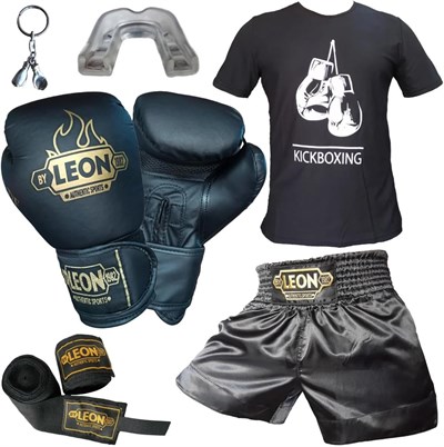 Boks Eldiveni, Leon Kick Boks Şortu, Tişört, Bandaj, Dişlik Seti Siyah (Siyah, M)