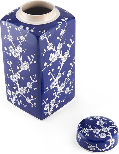 Bombay Kiraz Çiçeği Kapaklı Seramik Kavanoz, 13 cm x 30 cm, Mavi/Beyaz