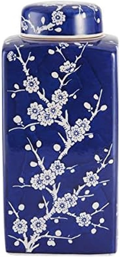 Bombay Kiraz Çiçeği Kapaklı Seramik Kavanoz, 13 cm x 30 cm, Mavi/Beyaz