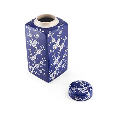Bombay Kiraz Çiçeği Kapaklı Seramik Kavanoz, 13 cm x 30 cm, Mavi/Beyaz