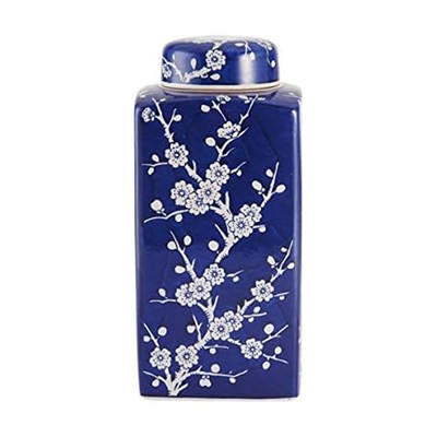Bombay Kiraz Çiçeği Kapaklı Seramik Kavanoz, 13 cm x 30 cm, Mavi/Beyaz