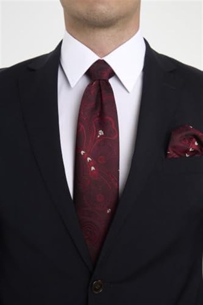 Bordo Beyaz Şal Motif Desen Kravat Mendil Set