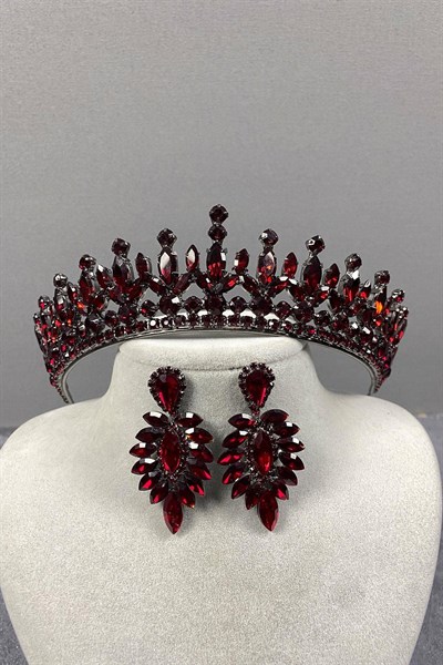 Bordo Catherine Taşlı Kına Gelin Tacı Ve İnce Mekikli Küpe Takımı