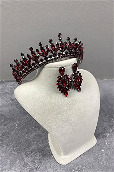 Bordo Catherine Taşlı Kına Gelin Tacı Ve İnce Mekikli Küpe Takımı