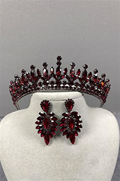 Bordo Catherine Taşlı Kına Gelin Tacı Ve İnce Mekikli Küpe Takımı