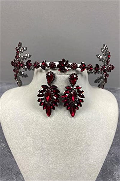 Bordo Çift Taraflı Selen Model Kına Gelin Tacı Ve İnce Mekikli Küpe Takımı