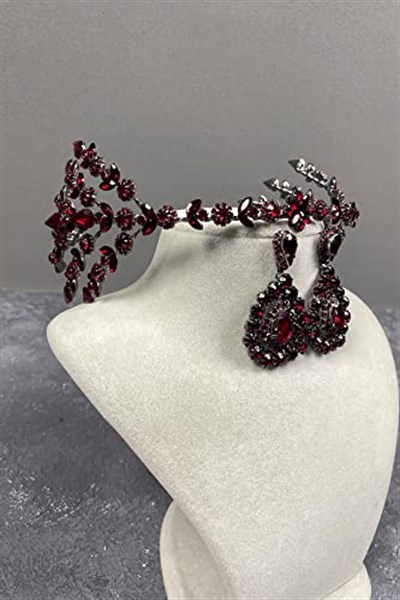 Bordo Çift Taraflı Selen Model Kına Gelin Tacı Ve Damla Taşlı Küpe Takımı