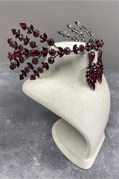 Bordo Çift Taraflı Selen Model Kına Gelin Tacı Ve İnce Mekikli Küpe Takımı