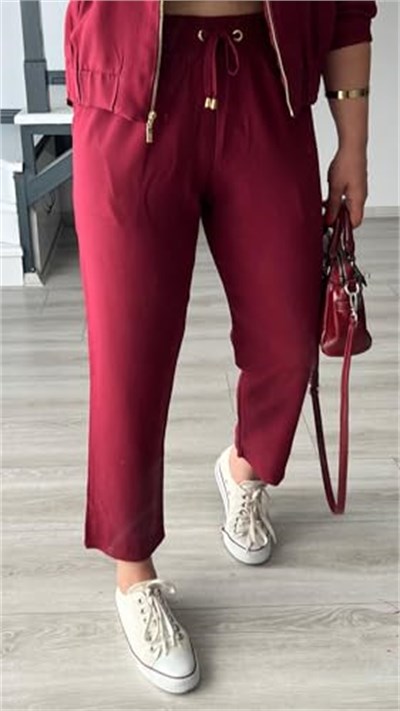 Bordo Fermuarlı Ceket-Pantolon Tensl Kumaş Takım