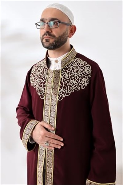Bordo Hakim Yaka Erkek Namaz Elbisesi Şerit Nakış İşlemeli İmam Cübbesi