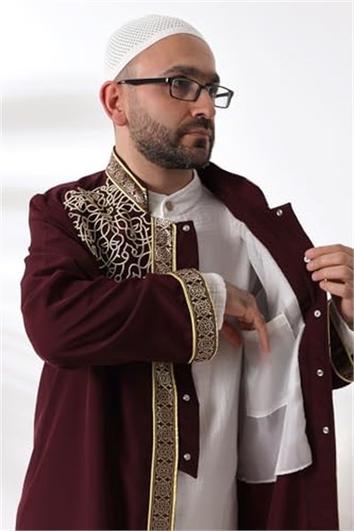 Bordo Hakim Yaka Erkek Namaz Elbisesi Şerit Nakış İşlemeli İmam Cübbesi