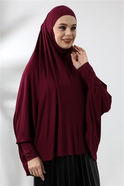 Bordo Hazır Pratik Sultanbaş Tesettür Kollu Penye Sufle Eşarp Hijab