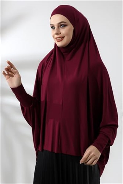 Bordo Hazır Pratik Sultanbaş Tesettür Kollu Penye Sufle Eşarp Hijab