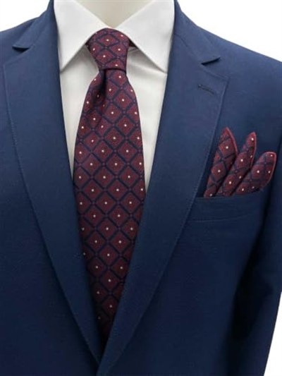 Bordo Lacivert Kare Motif Desen Kravat Mendil Set