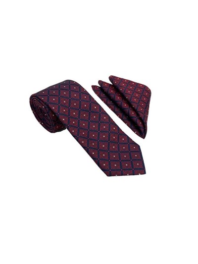 Bordo Lacivert Kare Motif Desen Kravat Mendil Set