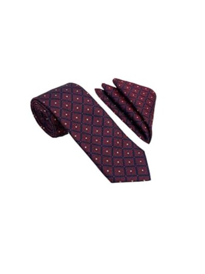 Bordo Lacivert Kare Motif Desen Kravat Mendil Set