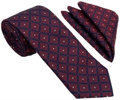 Bordo Lacivert Kare Motif Desen Kravat Mendil Set