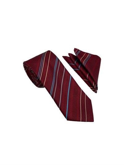 Bordo Mavi Bej Gri Çizgili Kravat Mendil Set