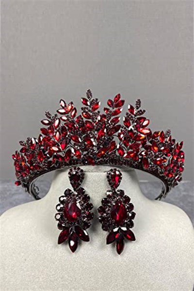 Bordo Sezen Model 3 Boyutlu Kına Gelin Tacı Ve Üç Taşlı Mekik Küpe Takımı
